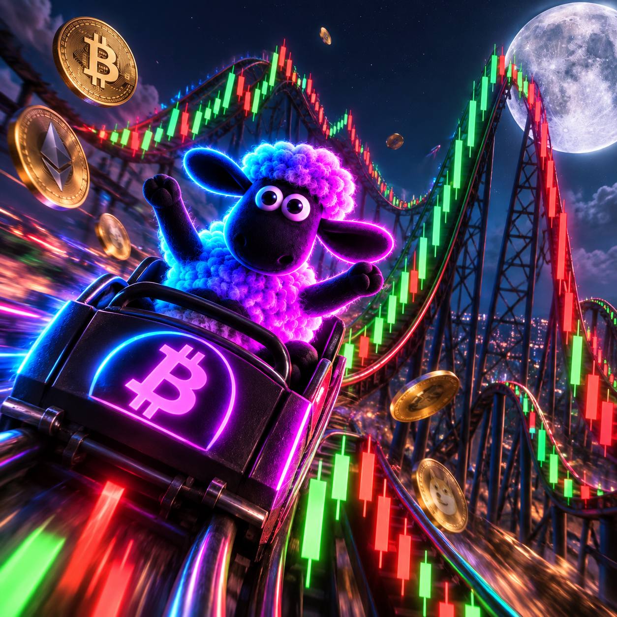 SOLSHEEP riding a crypto candlestick roller coaster to the moon